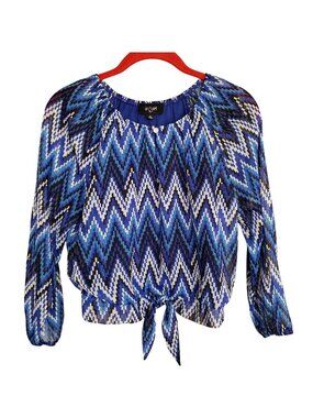 I.N. Girl Tie-Front Blouse L Blue Metallic 3/4 Slv Elastic Waist Stylish Preppy